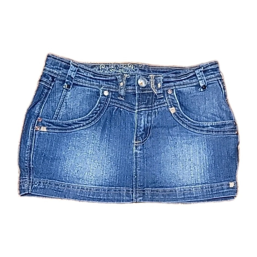Vtg Y2K Micro Mini Denim No Fuze Jean Skirt Size 7/8 Embellished Pockets 28x10‎
